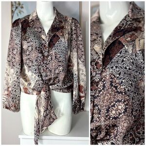 Eclair Tan Brown Satin Paisley Western Tie Front Button Blouse Size Large